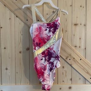 New Justice Pink Gold Gymnastics Dance Leotard Scrunchie Set Size XL 16/18 NWT